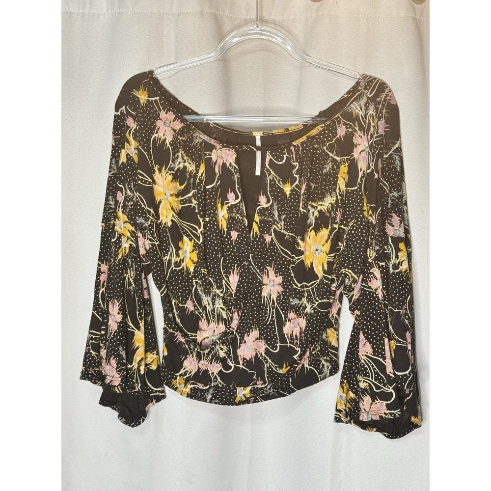 Free People Floral boho belle Sleeve Crop Top Black Yellow Pink Womens Small